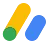Google AdSense のロゴ。黄色の斜め棒の下端に緑の円が描かれ、横に小さめの青い斜め棒がある。