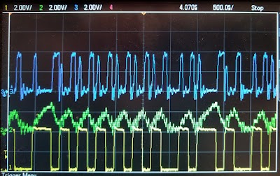 Oscilloscope trace from the Ethernet board. Yellow is input data, green is R-C filtered, blue is detected edges. The blue trace is a bit of a mess with runt pulses.