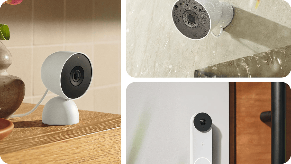 Image of photo collage of nest cameras and doorbell