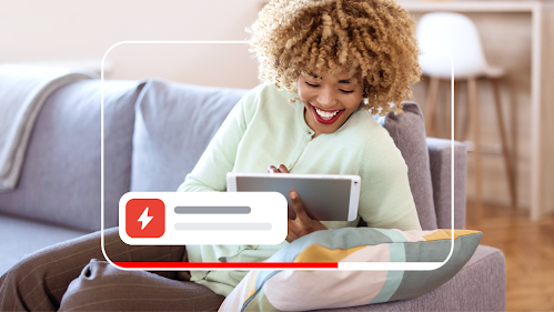  A YouTube video ad with a customer at home on a tablet.