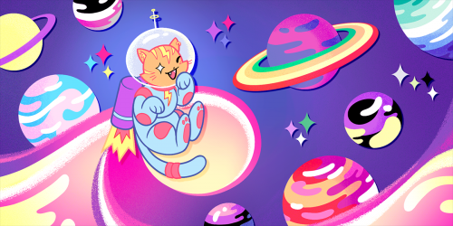 An orange tabby cat in a blue spacesuit, wearing a jetpack, flying by Pride-colored planets