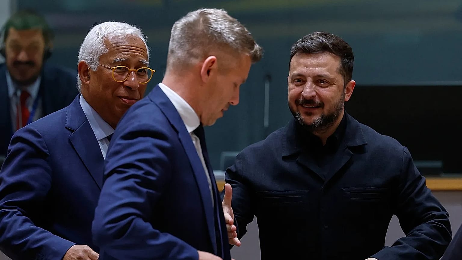 Ukraine's President Volodymyr Zelenskyy, right, greets Hungary's Prime Minister Peter Magyar, center, next to European Council President Antonio Costa during a round table mee