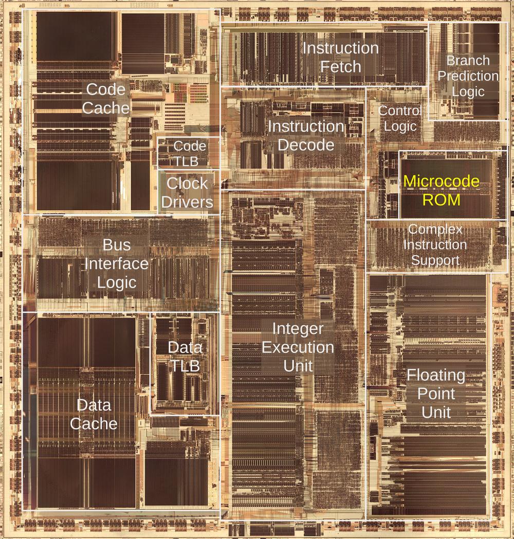 This die photo of the Pentium shows the location of the microcode ROM. Click this image (or any other) for a larger version.